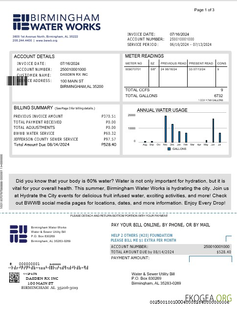 ROYAUME UNI BIRMINGHAM WATER facture de services publics modèle Word et PDF 1